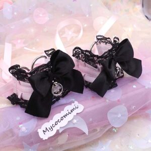 Pink Black Lace Cuffs Bracelet, Kitten Pet Play Gear, Bow Wristbands, Kawaii Goth Accessories, Alternative Jewelry, 2 Pcs Set