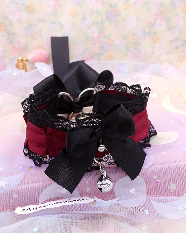 Burgundy Red Kitten Play Collar, Black Lace Bow Bell, Vampire Core Dark Goth Princess Choker, Pet Play Gear Alternative Jewelry - Image 2
