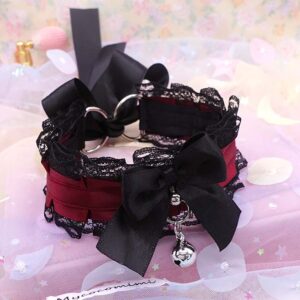 Burgundy Red Kitten Play Collar, Black Lace Bow Bell, Vampire Core Dark Goth Princess Choker, Pet Play Gear Alternative Jewelry