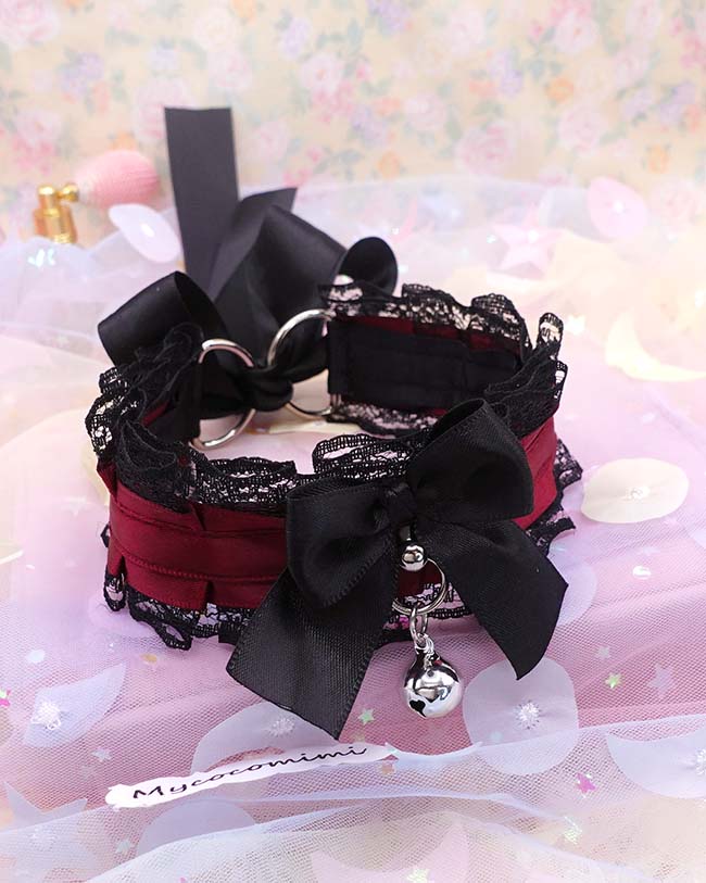 Burgundy Red Kitten Play Collar, Black Lace Bow Bell, Vampire Core Dark Goth Princess Choker, Pet Play Gear Alternative Jewelry