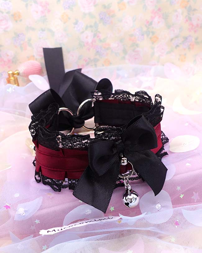 Burgundy Red Kitten Play Collar, Black Lace Bow Bell, Vampire Core Dark Goth Princess Choker, Pet Play Gear Alternative Jewelry - Image 4