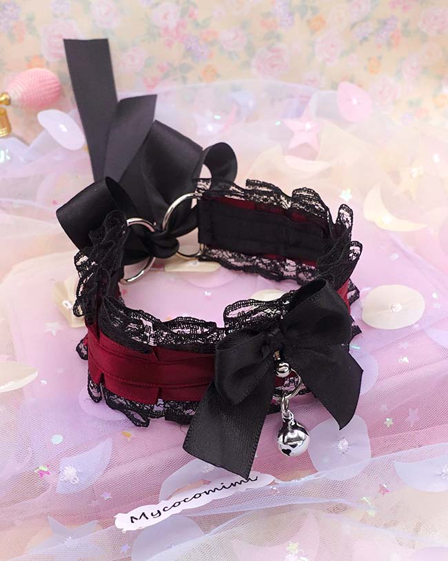 Burgundy Red Kitten Play Collar, Black Lace Bow Bell, Vampire Core Dark Goth Princess Choker, Pet Play Gear Alternative Jewelry - Image 5