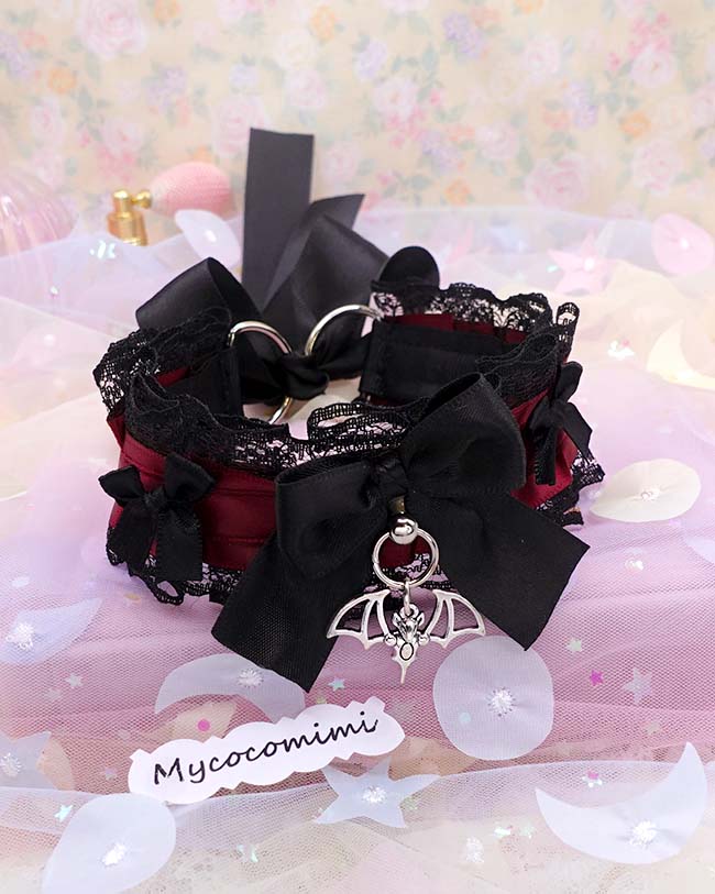 Bat Burgundy Red Kitten Play Collar, Black Lace Bow Vampire Core Dark Goth Princess Choker, Pet Play Gear Alternative Jewelry - Image 2
