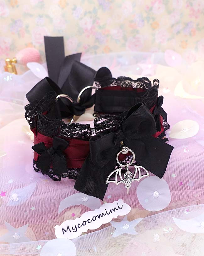 Bat Burgundy Red Kitten Play Collar, Black Lace Bow Vampire Core Dark Goth Princess Choker, Pet Play Gear Alternative Jewelry - Image 3