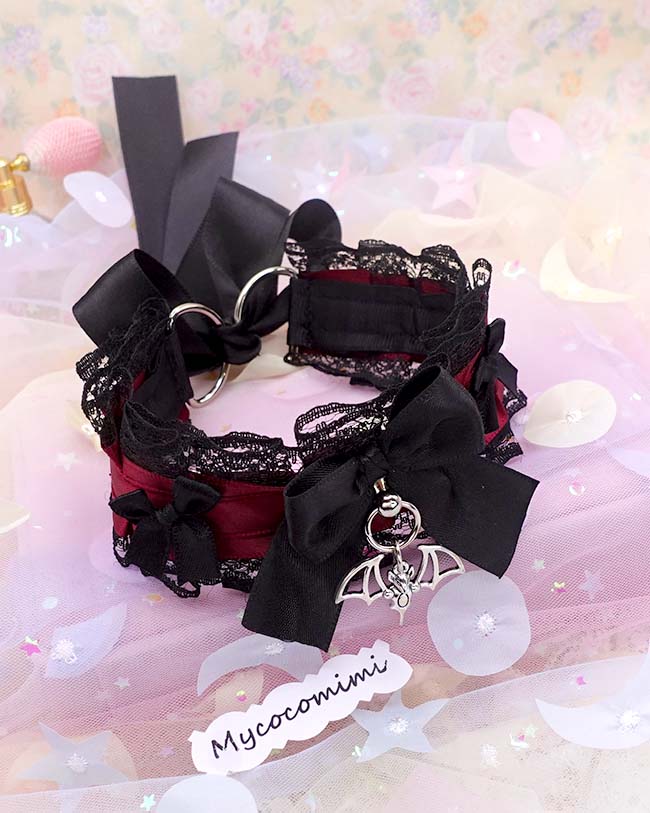 Bat Burgundy Red Kitten Play Collar, Black Lace Bow Vampire Core Dark Goth Princess Choker, Pet Play Gear Alternative Jewelry - Image 4