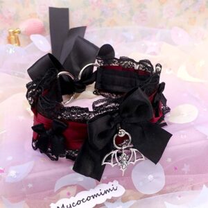 Bat Burgundy Red Kitten Play Collar, Black Lace Bow Vampire Core Dark Goth Princess Choker, Pet Play Gear Alternative Jewelry