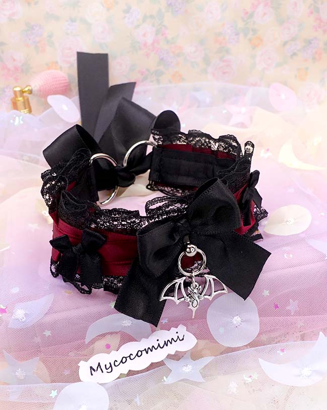 Bat Burgundy Red Kitten Play Collar, Black Lace Bow Vampire Core Dark Goth Princess Choker, Pet Play Gear Alternative Jewelry