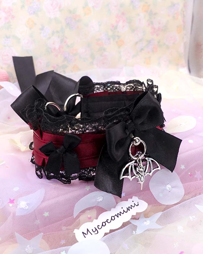 Bat Burgundy Red Kitten Play Collar, Black Lace Bow Vampire Core Dark Goth Princess Choker, Pet Play Gear Alternative Jewelry - Image 6