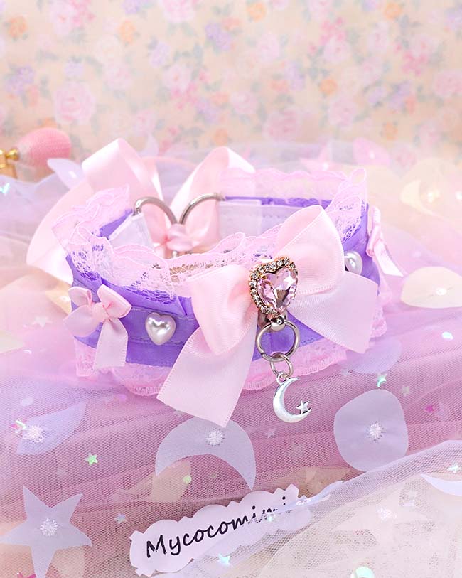 Lace Little Crescent Moon Kitten Play Collar, Purple and Pink Rhinestone Bow Pearl heart, Pastel Soft Goth Princess Choker - Image 2