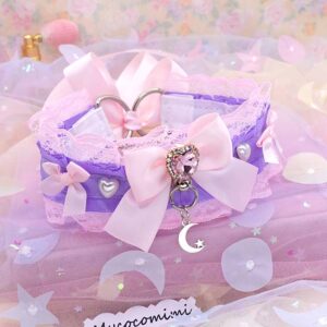 Lace Little Crescent Moon Kitten Play Collar, Purple and Pink Rhinestone Bow Pearl heart, Pastel Soft Goth Princess Choker