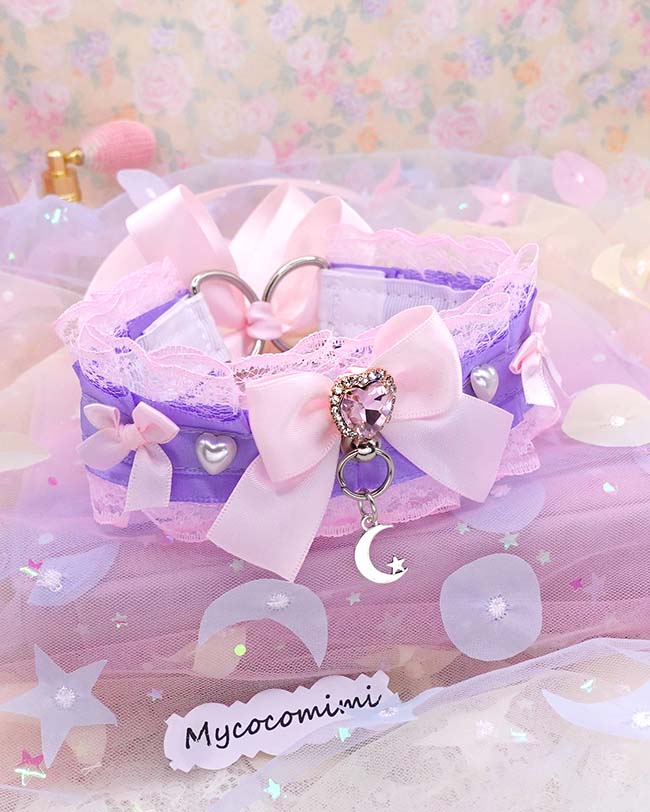 Lace Little Crescent Moon Kitten Play Collar, Purple and Pink Rhinestone Bow Pearl heart, Pastel Soft Goth Princess Choker