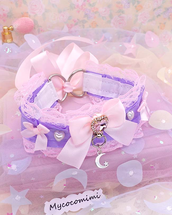 Lace Little Crescent Moon Kitten Play Collar, Purple and Pink Rhinestone Bow Pearl heart, Pastel Soft Goth Princess Choker - Image 4