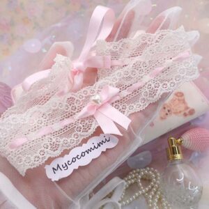 Coquette Beige Lace Choker Necklace | Kawaii Pink Bow Ribbon Tie Collar, Pastel Fairy Core Jewelry with Pearl Little Heart