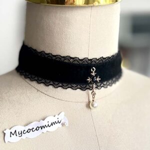 Black Velvet Choker Cross Pendant, Gothic Lace Collar Necklace, Pearl Charm Ribbon Tie Choker, Witchy Dark Academia Victorian Goth