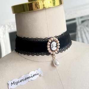Black Velvet Cameo Choker, Victorian Lady Head Necklace, Gothic Lace Collar Pearl Charm, Witchy Dark Academia Ribbon Tie Choker Gift