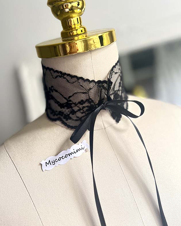 black wide lace choker gothic ribbon tie collar