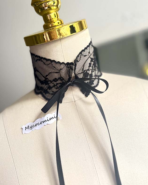 black wide lace choker gothic ribbon tie collar