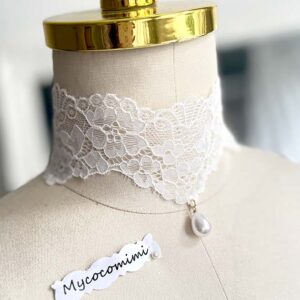 White Wide Lace Choker Pearl Pendant, Angelic Bridal Collar Necklace, Victorian Rococo Ribbon Tie, Romantic Jewelry Gift for Her