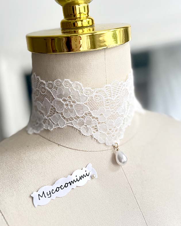 White Wide Lace Choker Pearl Pendant, Angelic Bridal Collar Necklace, Victorian Rococo Ribbon Tie, Romantic Jewelry Gift for Her