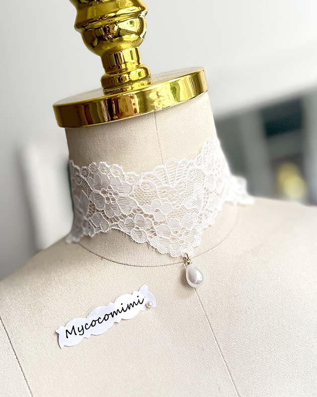 White Wide Lace Choker Pearl Pendant, Angelic Bridal Collar Necklace, Victorian Rococo Ribbon Tie, Romantic Jewelry Gift for Her - Image 5