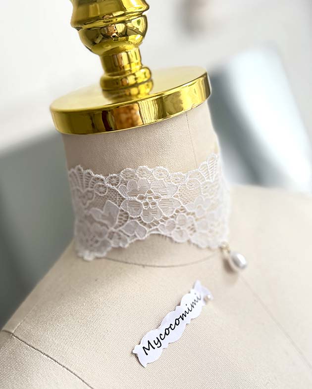 White Wide Lace Choker Pearl Pendant, Angelic Bridal Collar Necklace, Victorian Rococo Ribbon Tie, Romantic Jewelry Gift for Her - Image 3