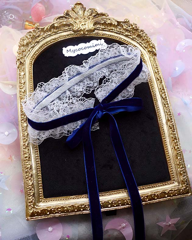 Navy Blue Velvet Choker, Angelic White Lace Frill Bridal Collar Necklace, Victorian Rococo Ribbon Tie, Fairy Core Romantic Jewelry - Image 2
