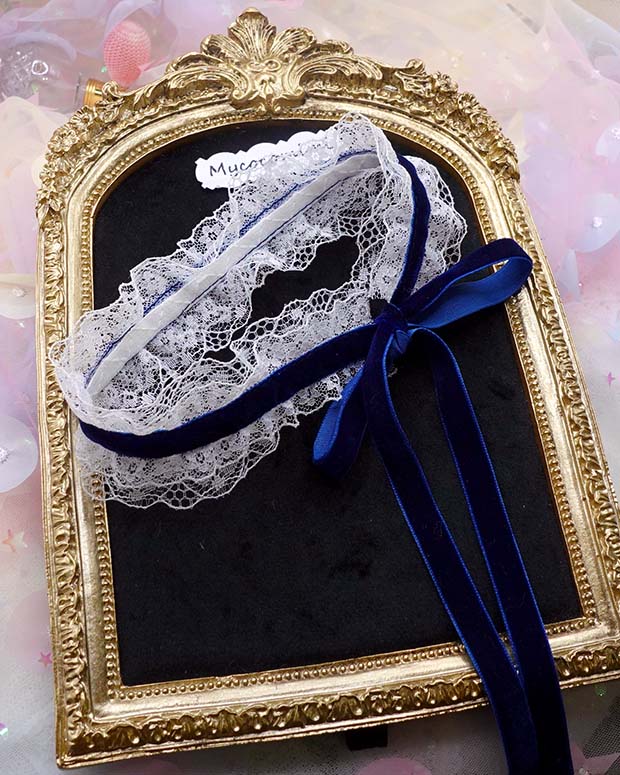 Navy Blue Velvet Choker, Angelic White Lace Frill Bridal Collar Necklace, Victorian Rococo Ribbon Tie, Fairy Core Romantic Jewelry - Image 3