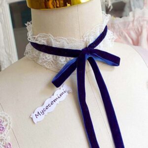 Navy Blue Velvet Choker, Angelic White Lace Frill Bridal Collar Necklace, Victorian Rococo Ribbon Tie, Fairy Core Romantic Jewelry