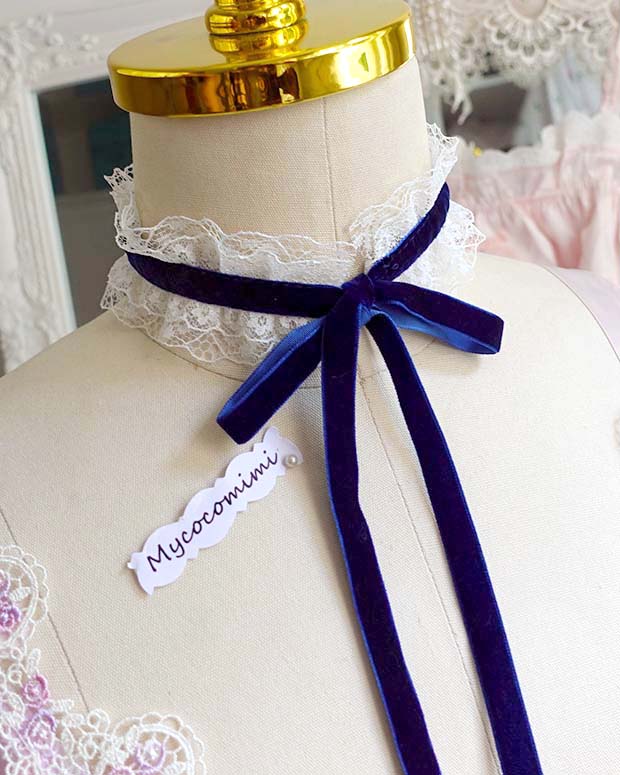 Navy Blue Velvet Choker, Angelic White Lace Frill Bridal Collar Necklace, Victorian Rococo Ribbon Tie, Fairy Core Romantic Jewelry