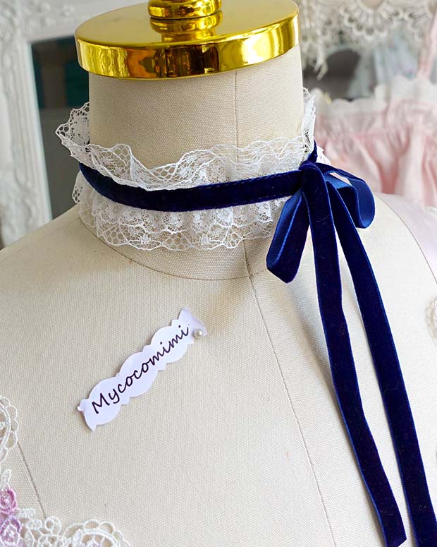 Navy Blue Velvet Choker, Angelic White Lace Frill Bridal Collar Necklace, Victorian Rococo Ribbon Tie, Fairy Core Romantic Jewelry - Image 6