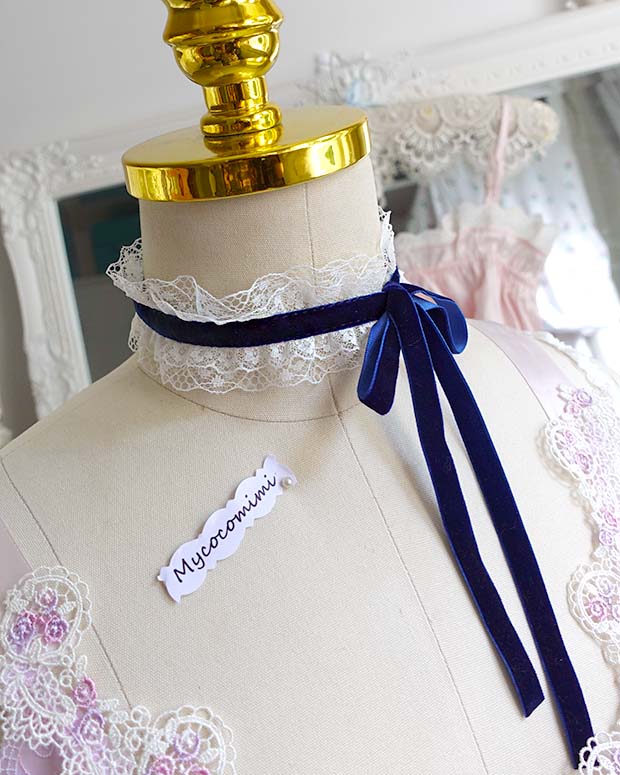 Navy Blue Velvet Choker, Angelic White Lace Frill Bridal Collar Necklace, Victorian Rococo Ribbon Tie, Fairy Core Romantic Jewelry - Image 7