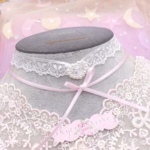 Coquette Pearl Heart White Lace Choker, Pink Bow 2 Layers Necklace, Soft Girl Jewelry, Romantic Rococo Ribbon Tie Choker Gift for Her