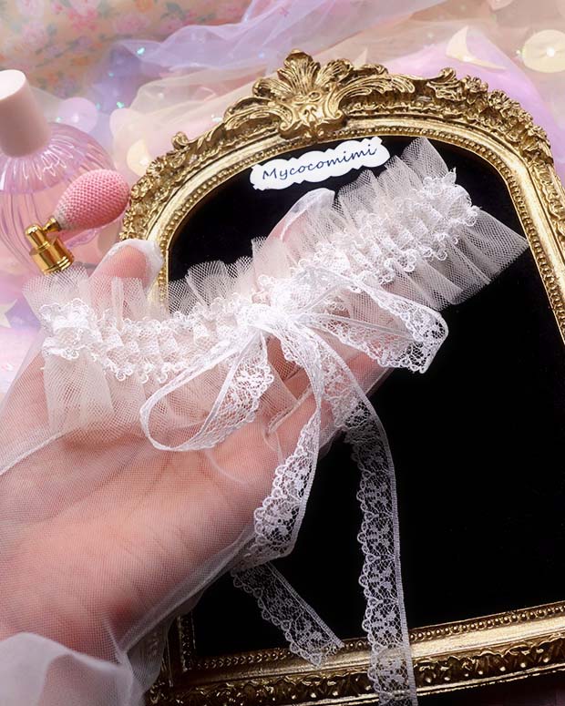Beige Tulle White Lace Choker, Coquette Ruffle Necklace, Fairycore Bow Tie Collar, Rococo Angelcore Neck Ruff Bridal Jewelry Gift for Her - Image 4