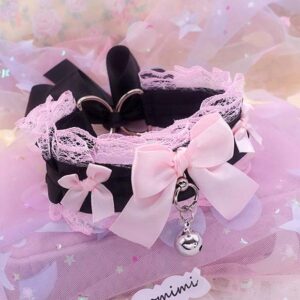Pink Lace Black Kitten Play Collar, Kawaii Pastel Goth Bell Choker, Bow Kittenplay Necklace, Pet Play Gear Gift for Her