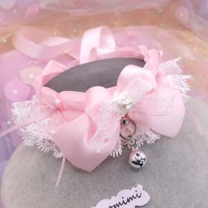 Dreamy Pink Kitten Play Collar Bow, White Lace Bell Kittenplay Necklace, Princess Fairycore Choker, Pastel Pet Play Gear Gift