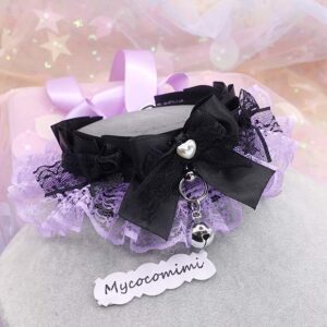 Lilac Purple Kitten Play Collar, Black Lace Bow Choker | Kawaii Pastel Goth Neko Kittenplay Day Collar | Sub Alternative Jewelry