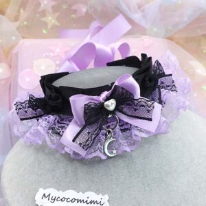Lilac Kitten Play Collar, Purple Lace Ruffles Choker Necklace Black Pearl Bow, Little Crescent Moon Jewelry, Kawaii Pastel Goth DDLG