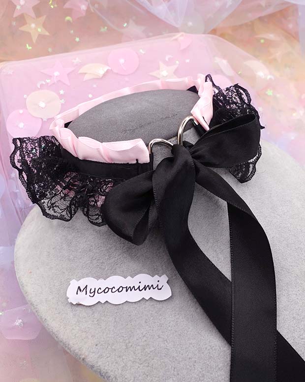 Little Paw Pink Kitten Play Collar, Black Lace Bow Ruffles Kittenplay Gear with Chain, Kawaii Pastel Goth DDLG Cute Choker Necklace - Image 4
