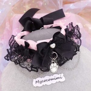 Little Paw Pink Kitten Play Collar, Black Lace Bow Ruffles Kittenplay Gear with Chain, Kawaii Pastel Goth DDLG Cute Choker Necklace