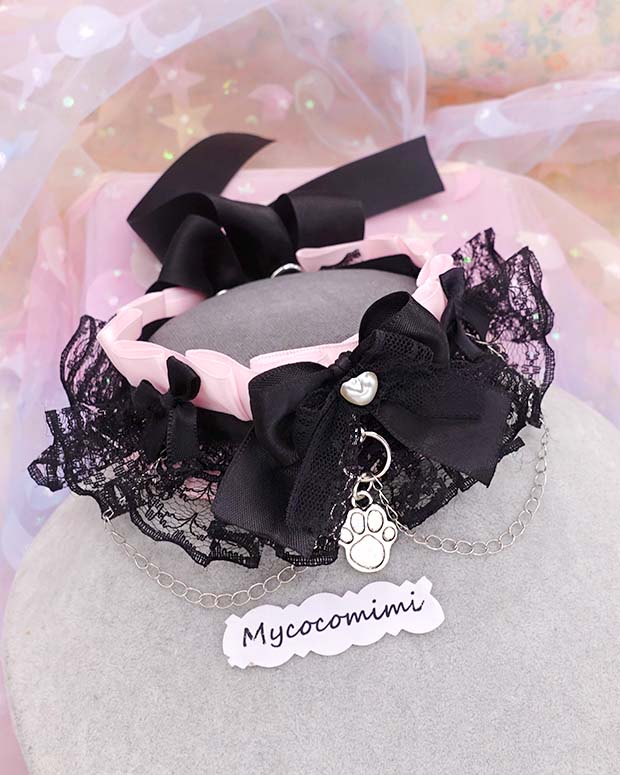 Little Paw Pink Kitten Play Collar, Black Lace Bow Ruffles Kittenplay Gear with Chain, Kawaii Pastel Goth DDLG Cute Choker Necklace