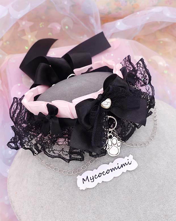Little Paw Pink Kitten Play Collar, Black Lace Bow Ruffles Kittenplay Gear with Chain, Kawaii Pastel Goth DDLG Cute Choker Necklace - Image 6
