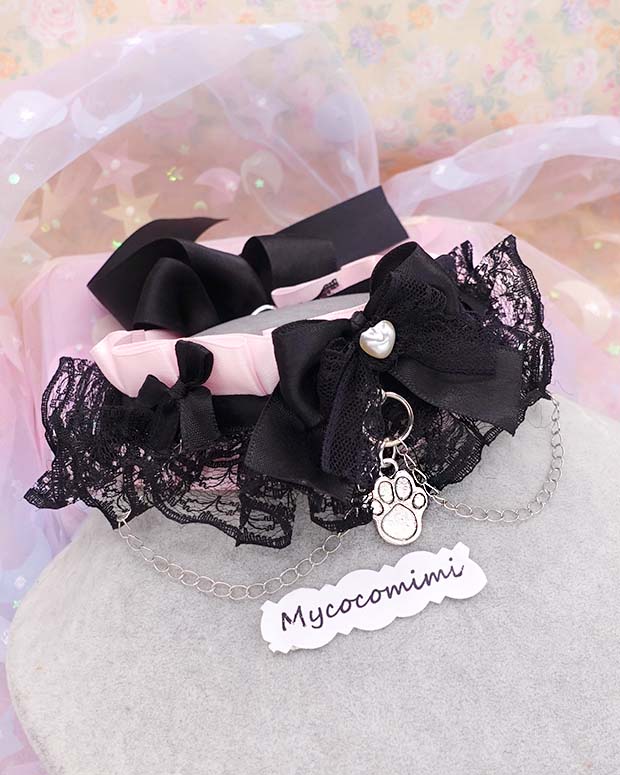 Little Paw Pink Kitten Play Collar, Black Lace Bow Ruffles Kittenplay Gear with Chain, Kawaii Pastel Goth DDLG Cute Choker Necklace - Image 3