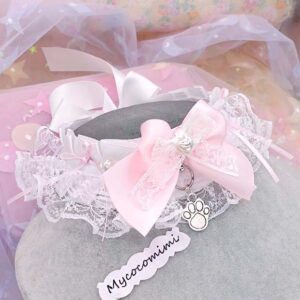 Dreamy White Lace Kitten play collar, Little Paw Heart Pearl Baby Pink Bow Kittenplay choker necklace, Kawaii Goth DDLG FairyCore