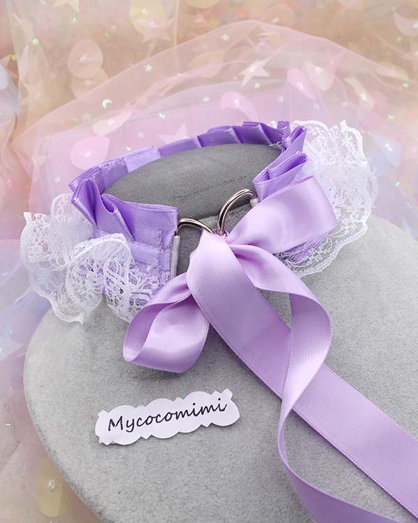 Lavender Pink Kitten Play Collar, Purple White Lace Bow Bell Kittenplay Necklace, Pastel Goth Princess Coquette Choker, Pet Play Gear Gift - Image 2