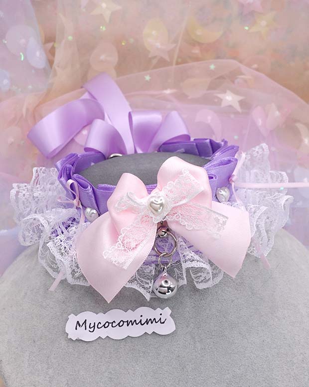 Lavender Pink Kitten Play Collar, Purple White Lace Bow Bell Kittenplay Necklace, Pastel Goth Princess Coquette Choker, Pet Play Gear Gift - Image 3