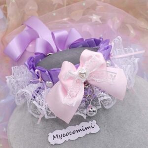 Lavender Pink Kitten Play Collar, Purple White Lace Bow Bell Kittenplay Necklace, Pastel Goth Princess Coquette Choker, Pet Play Gear Gift