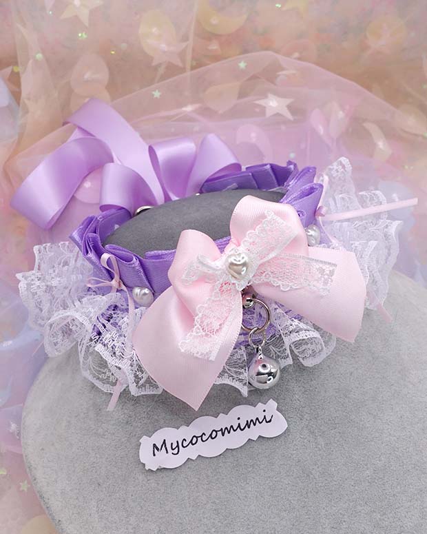 Lavender Pink Kitten Play Collar, Purple White Lace Bow Bell Kittenplay Necklace, Pastel Goth Princess Coquette Choker, Pet Play Gear Gift