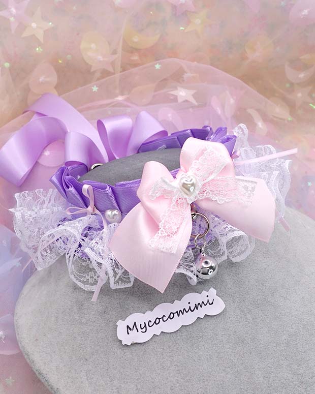 Lavender Pink Kitten Play Collar, Purple White Lace Bow Bell Kittenplay Necklace, Pastel Goth Princess Coquette Choker, Pet Play Gear Gift - Image 5