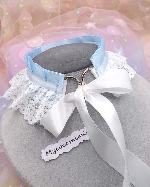 Blue White Lace Kitten Play Collar, Little Paw Pearl Heart Bow Necklace, Pastel Kittenplay Choker, Kawaii Pet Play Gear Gift for Her - Image 4