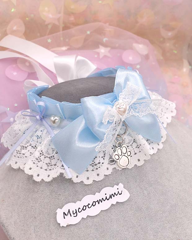 Blue White Lace Kitten Play Collar, Little Paw Pearl Heart Bow Necklace, Pastel Kittenplay Choker, Kawaii Pet Play Gear Gift for Her - Image 5
